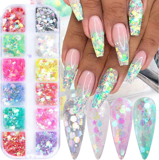 12 Colors Bling Mermaid Nail Glitter Sequins 3D Holographic Nail Glitter Flakes Hexagon Chameleon Chunky Glitter for Nail Art Sequins Mixed Iridescent Nail Flakes for Women DIY Shiny Nail Decoration