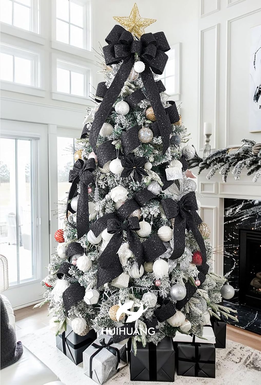 HUIHUANG Glitter Black Wired Ribbon for Christmas Tree 2.5 inch Black Diamond Mesh Wire Ribbon for Tree Decoration, Wreaths, Garland, Gift Wrapping, Bows Making, Halloween Decor -10 Yards