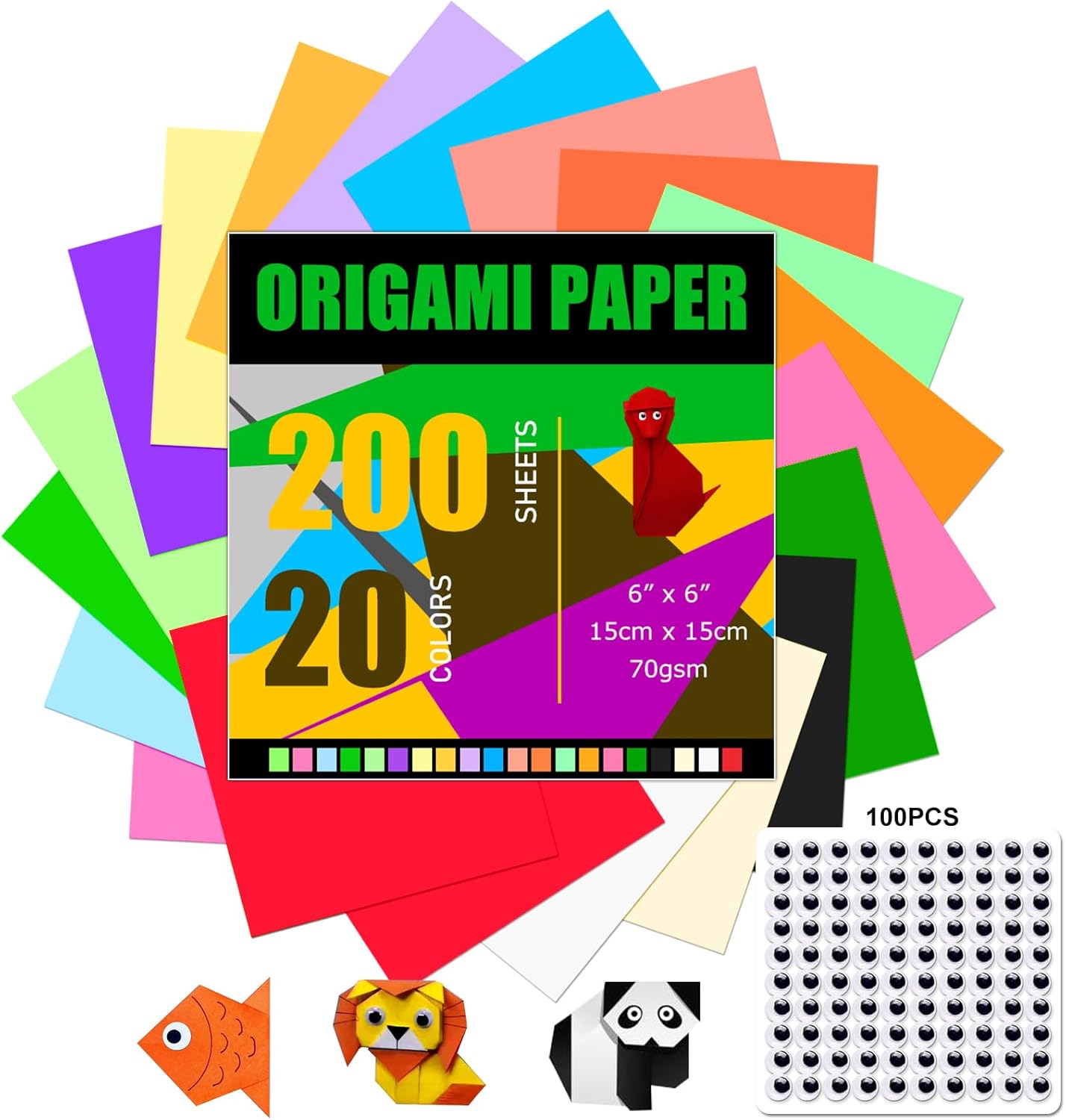 200 Sheets Origami Paper, 20 Colors Origami Craft Kit 6x6, Double Sided Color Origami Papers with 100pcs self-Adhesive Wiggle Eyes, Origami Paper for Kids Arts Crafts