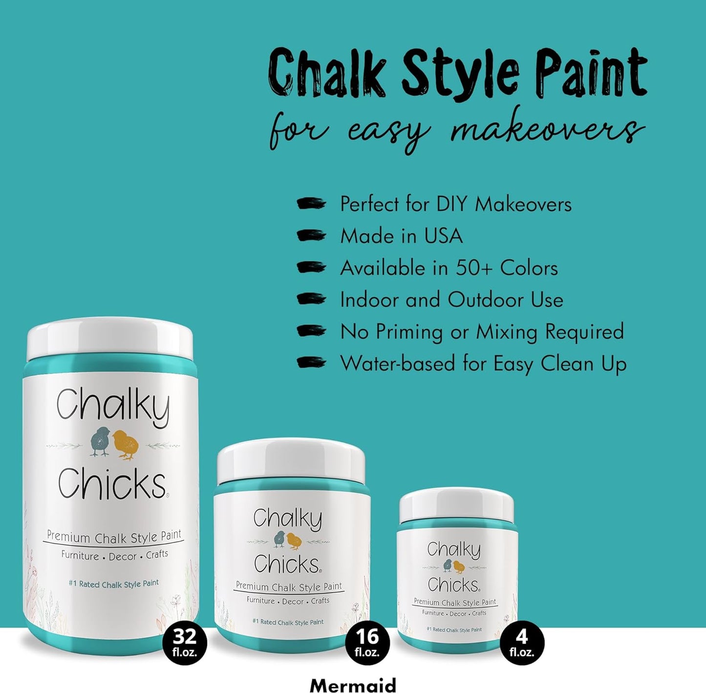 Chalky Chicks All-in-One Chalk Paint for Furniture or Cabinet - 16 Fl Oz - Matte Finish Mermaid (Green Teal) for Metal, Wood Furniture Paint - No Sanding All-in-One for Home Decor & Crafts, USA Made