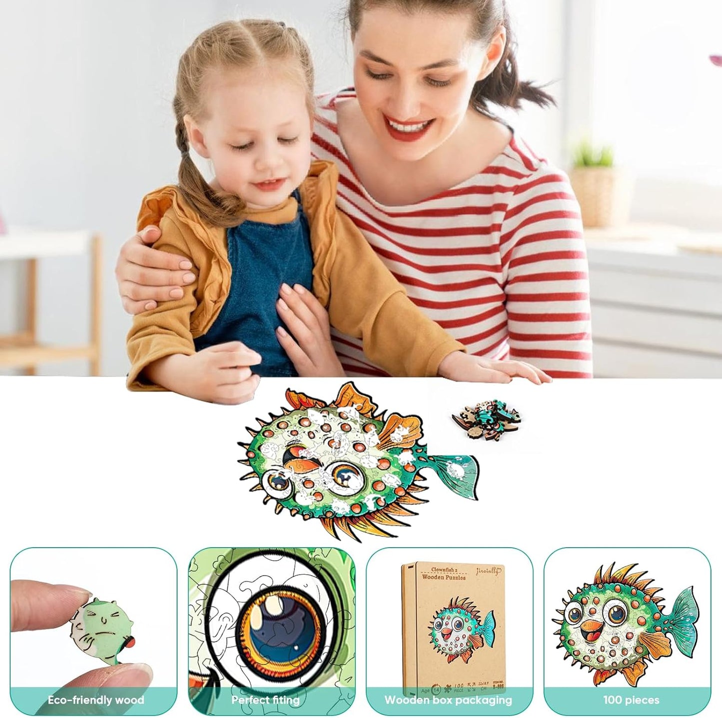 Wooden Puzzles for Kids, 100 Pieces Ocean Puzzle, Unique Fish Shaped Wooden Puzzle, Preschool Puzzle Toys, Give Your Kids/Grandchildren, Suitable for Family Games