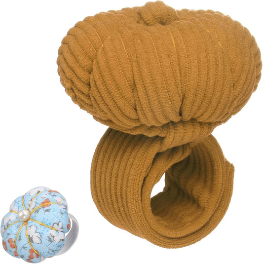 HARFINGTON Wrist Pin Cushions, Sewing Needle Pin Cushion Adjustable Strap with Elastic Strap Finger Ring Pincushions Fit All Wrist Sizes for Sewing Quilting Needlework DIY Crafts, Brown/Blue