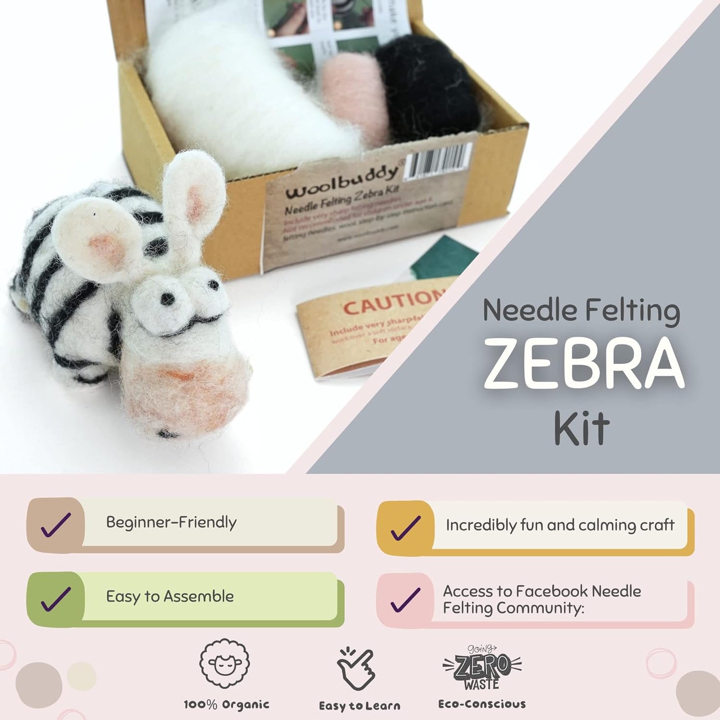 Woolbuddy Needle Felting Kit for Beginners & Adults – Zebra DIY Felt Animal Starter Kit with Natural Wool Roving, Felting Needles & Step-by-Step Instructions