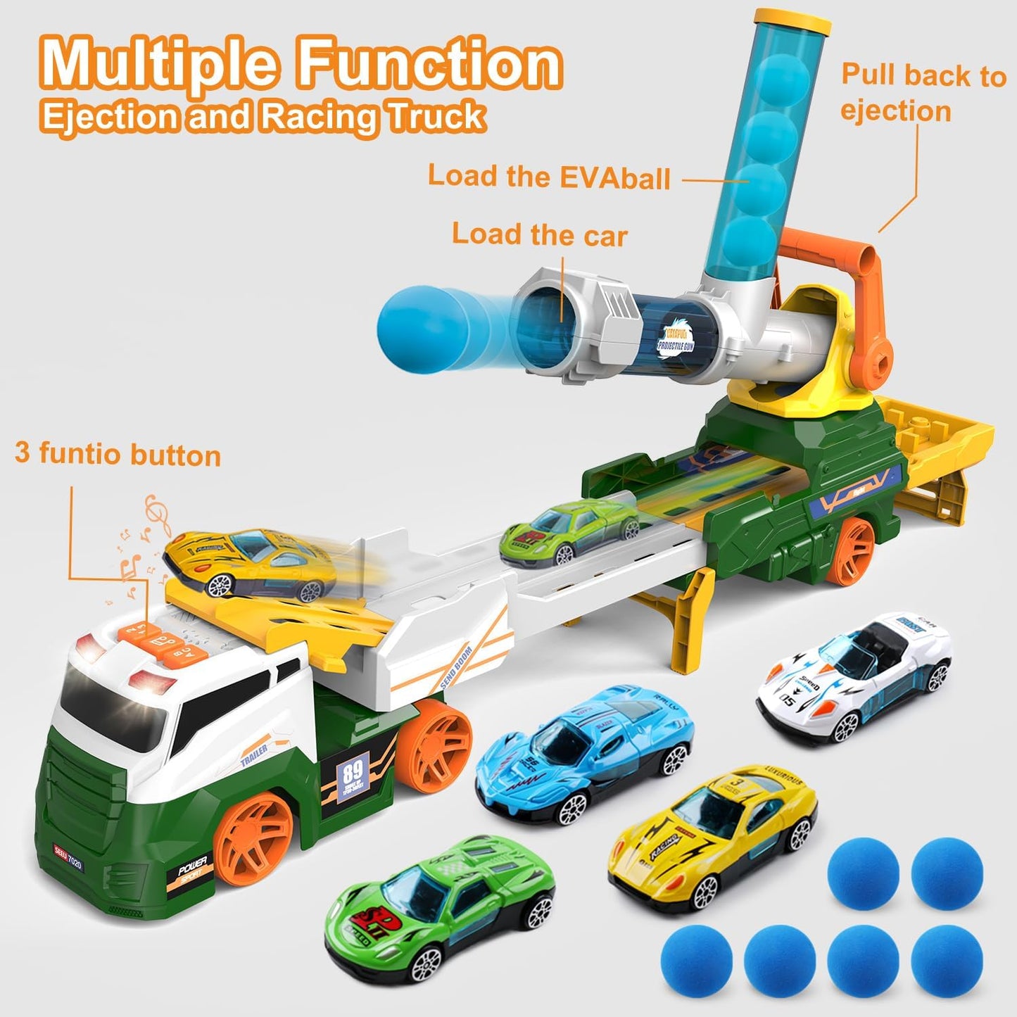 Dwi Dowellin Truck Toys for Kids, 28" Large Car Toys Include 4 Racing Cars+6 Ball, with Light & Sounds, Eejection&Shooting Transport Cars Toy, Gifts for Boys Girls-Green