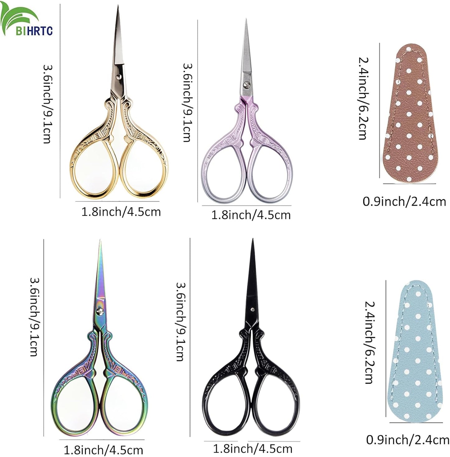 BIHRTC 4Pairs 3.6inch Small Embroidery Scissors with Leather Cover, Stainless Steel, Compact, Craft Scissors Set