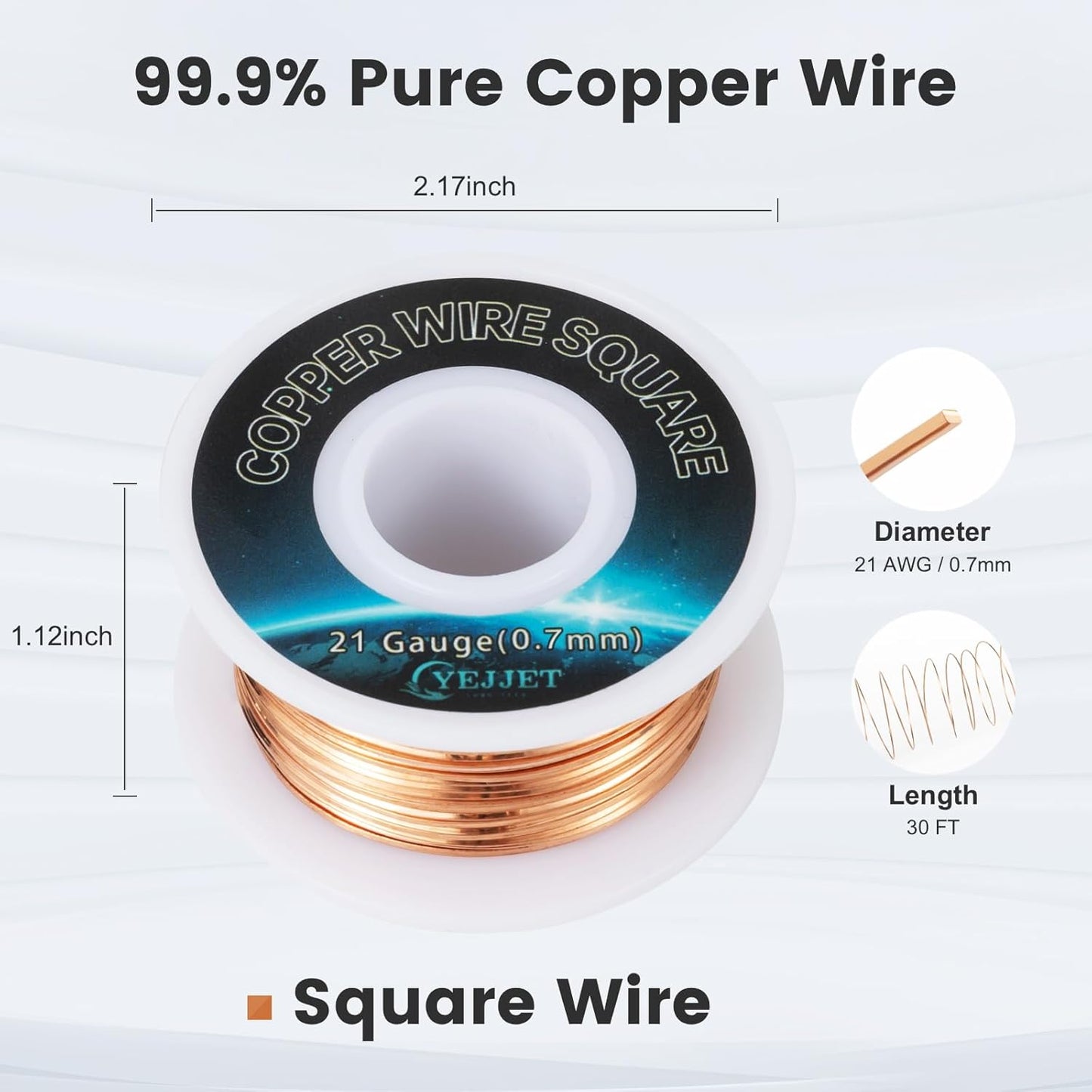 21 AWG Square Copper Wire - 0.72x0.72mm Ultra-Fine Jewelry Wire, 30ft - Delicate Crafting, Wire Weaving, and Miniature Projects