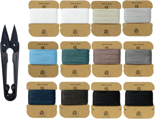 3-Ply Round Waxed Thread, 12 Colors, 252 Yards - Hand Sewing, All Leather Projects/Upholstery Thread, Macrame/Bracelet (0.55 mm, 21yd/Each)