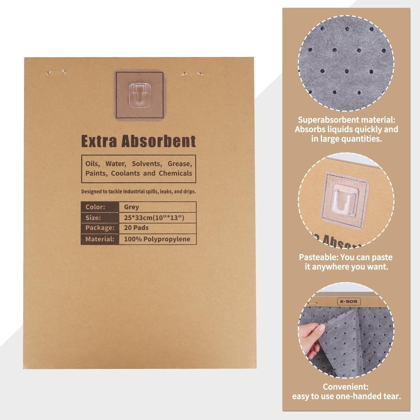 E-SDS Oil Absorbent Pads with Wall Hooks - 100-Pack (5x20) 13"x10" Reusable Liquid Spill Mats for Garage & Workshop - Super Absorbent Leak Control Pads (Grey, Boxed)