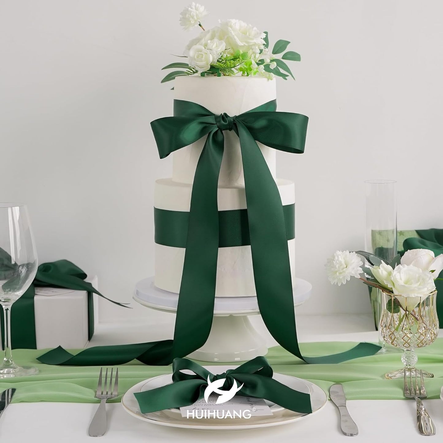 HUIHUANG Hunter Green Satin Ribbon 2 inch Double Side Green Satin Fabric Ribbon for Christmas, Crafts, Bows Making, Flower Bouquet Wrap, Gift Wrapping, Wedding Decor, Home Decor, Hairs-25 Yards/Roll