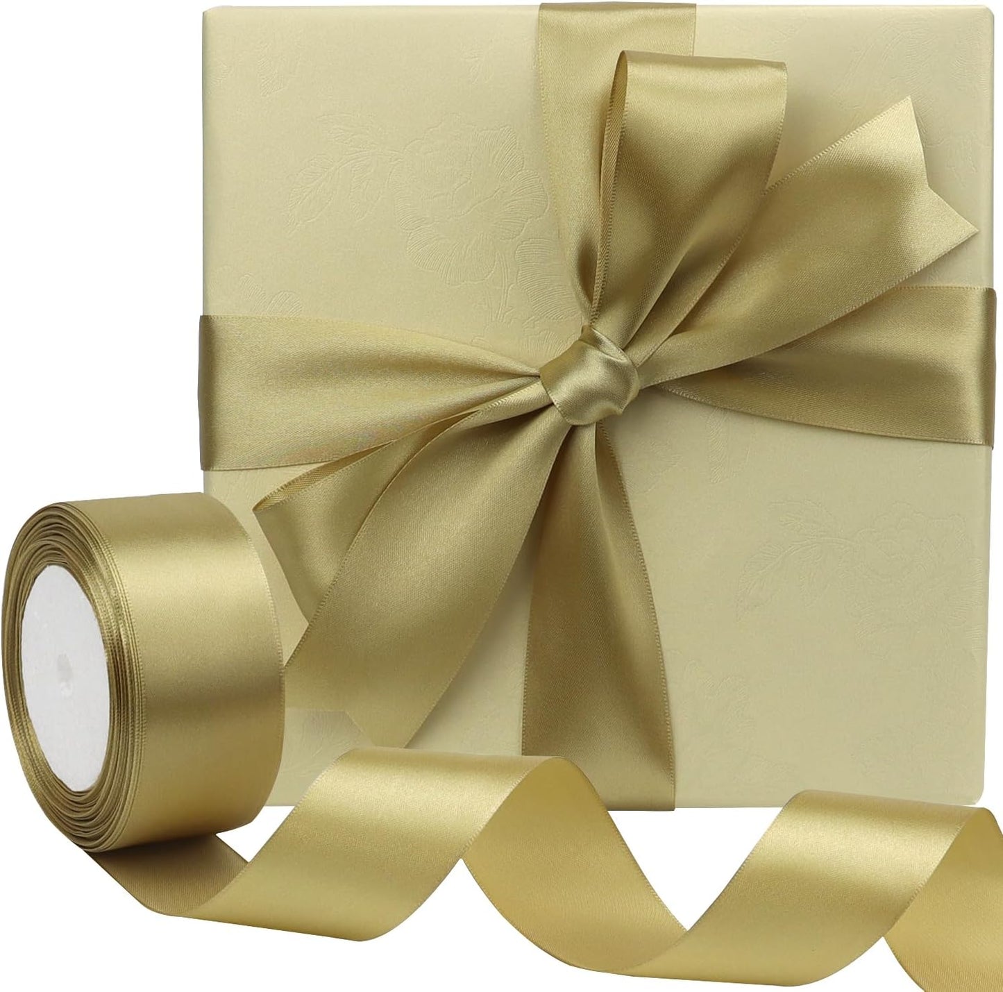 Champagne Gold Solid Satin Ribbon 1-1/2 Inch 25 Yards Solid Polyester Fabric Ribbon for Gift Wrapping Wedding Christmas Baby Shower Birthday Party Decoration Handmade Immortal Flower Craft