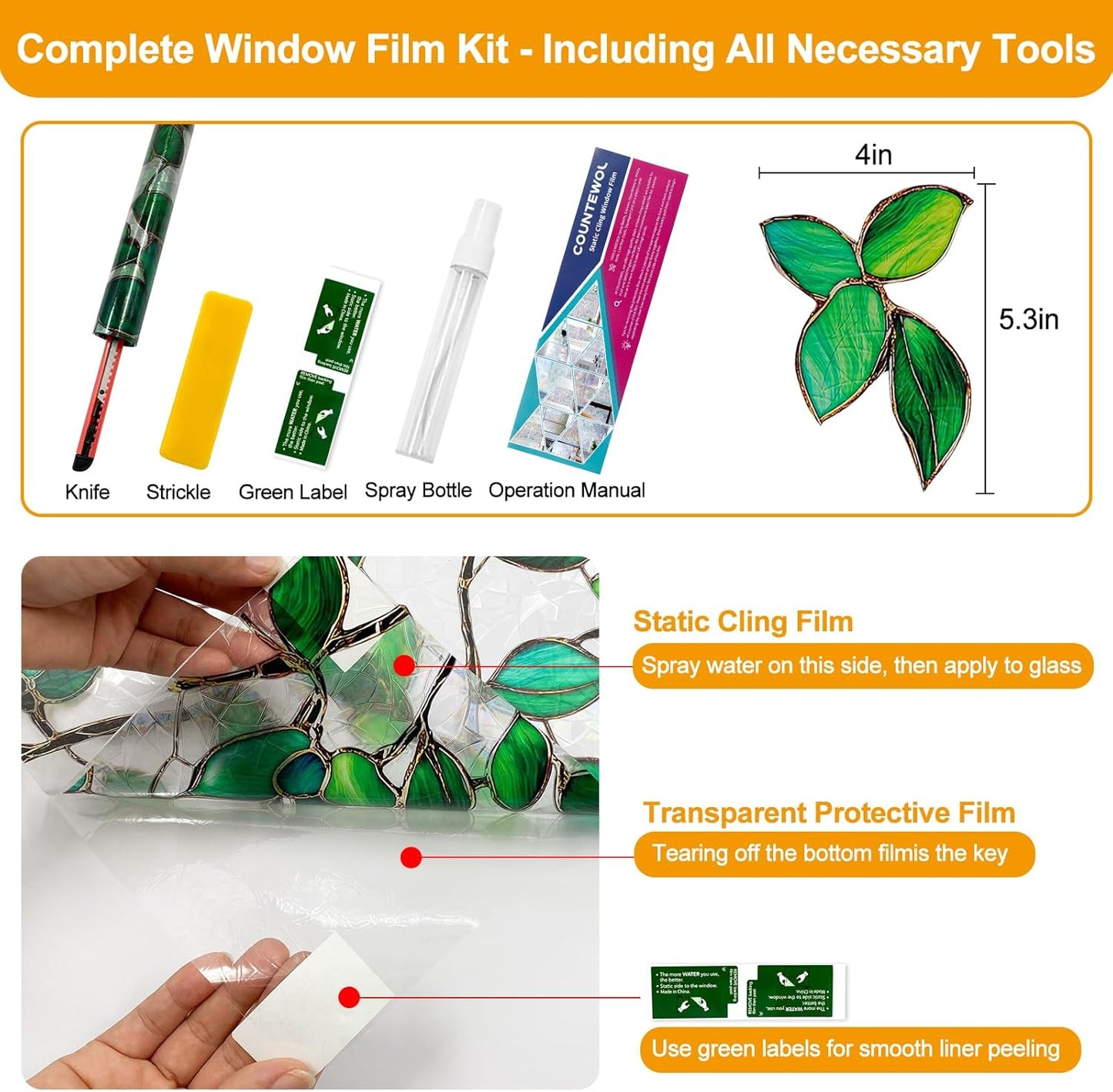 Window Privacy Film Stain Glass Window Film Rainbow Window Film Window clings Non-Adhesive Reusable Decorative for Room (Greenery Leaf, 45.2 x 157.4 in)