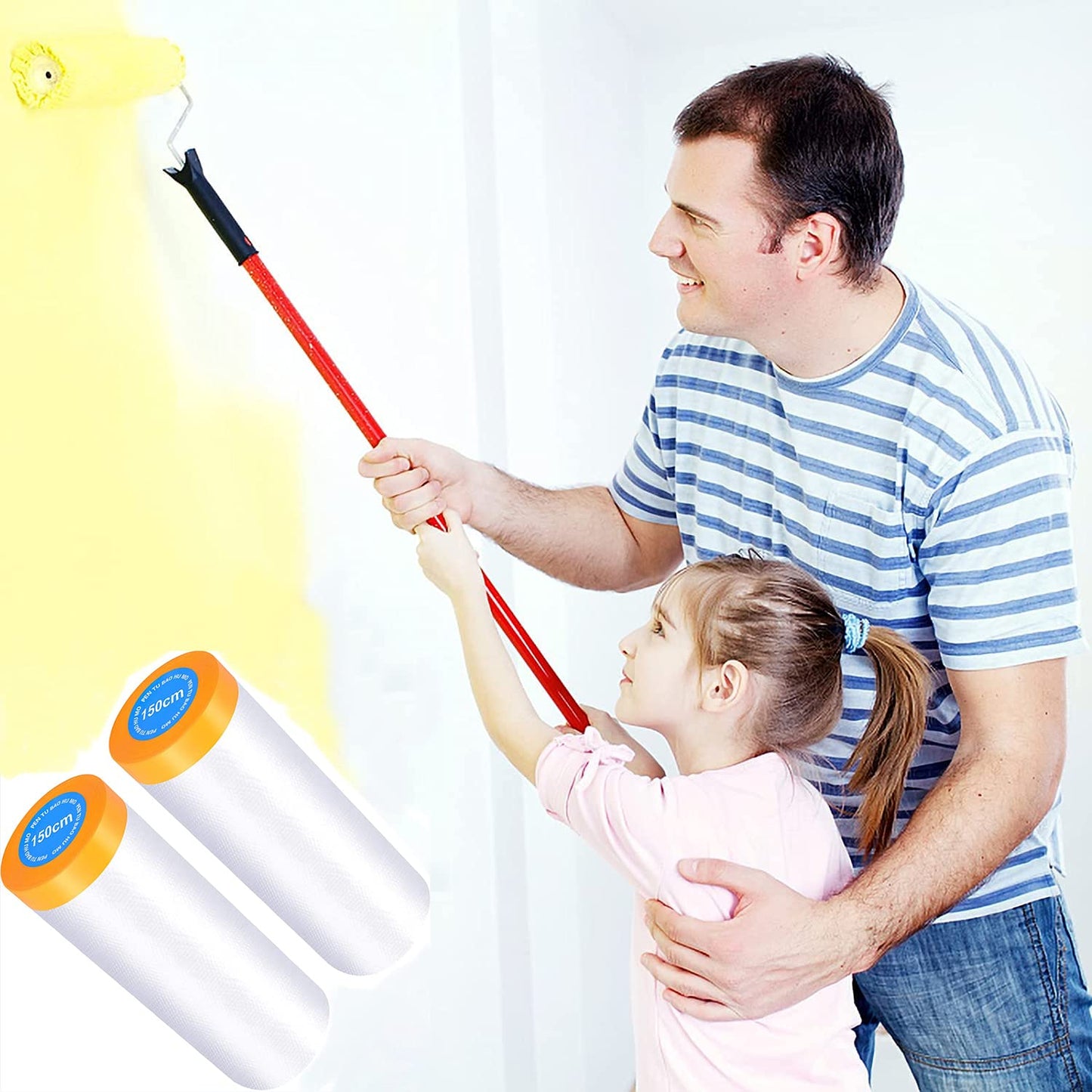 Painters Plastic with Tape, Pre-Taped Masking Film, Automotive Best Tape and Drape, Paint Adhesive Protective Film Roll for Covering Skirting, Frames, Cars and Auto Body (5 X 65-Feet) (1)