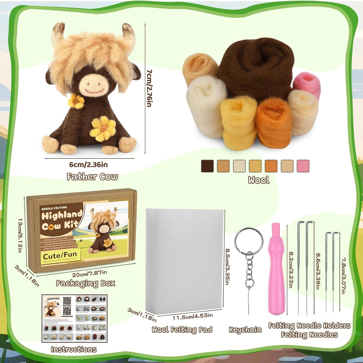 Yizzvb Needle Felting Kit, Highland Cow Needle Felt Beginner Kits with Instruction, Wool, Felting Needles, Felting Pad, Wool Felting Kit for Beginners Home Decoration