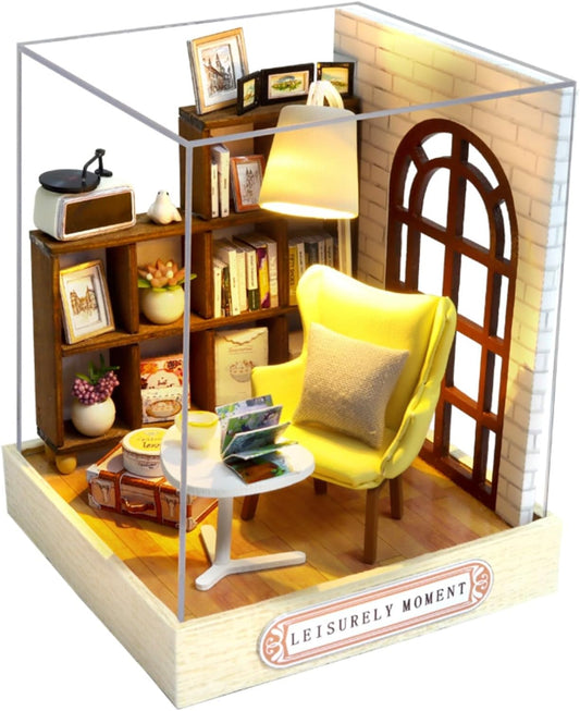 DIY Miniature House Kit, Mini House Building Kit with LED & Dust Cover, DIY Wooden Dollhouse Miniature Kit for Adults Teen, Wooden Crafts Lovely Dollhouse Kit, Leisurely Moment