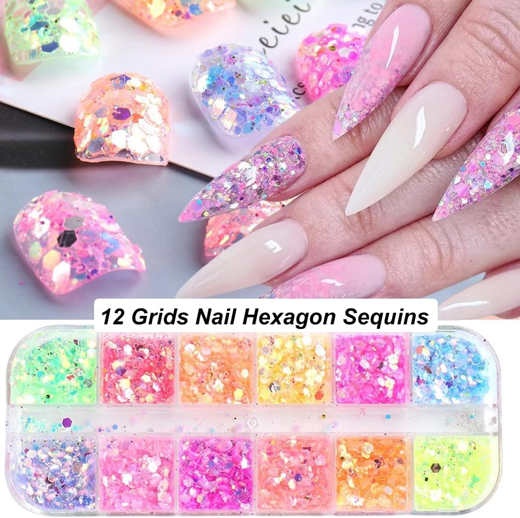 Holographic Nail Art Glitter Iridescent Flakes Nail Foil 12 Grids and Mermaid Flake Glitter Sequins 12 Grids,Colorful Fluorescent Glass Acrylic Nails Supplies Sticker for Make Up
