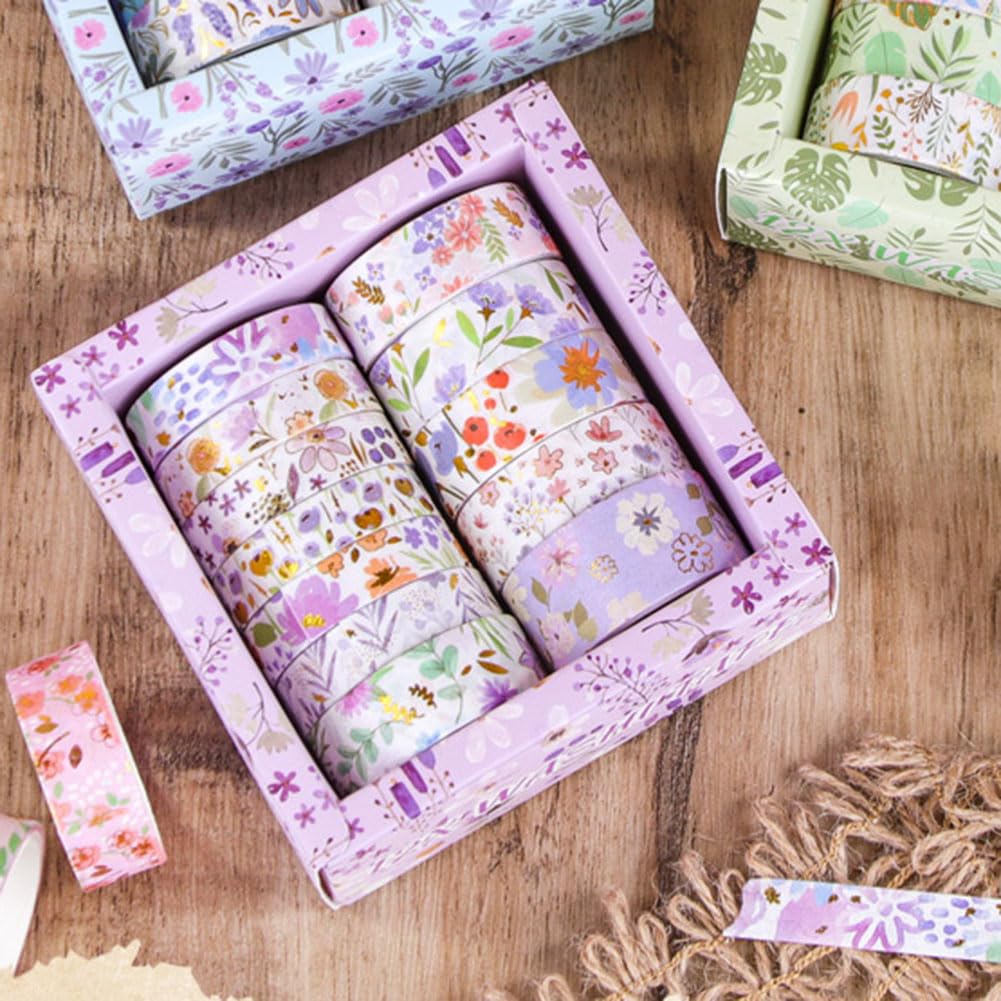 MAFELOE 2 Meters Long 12 Rolls Washi Tape Set, Decorative Adhesive Supplies for Scrapbook Journaling Junk Bullet Art Collage-Floral Print Series-Purple (HZ-3Y-SHMJ-01)