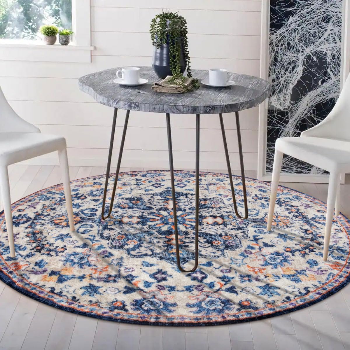 Lahome Round Rug 4ft, Washable Bathroom Rug Non Slip Entryway Circle Mat, Bohemian Vintage Non-Slip Non-Shedding Low Pile Printed Indoor Carpet for Kitchen Laundry Entryway, Blue Purple/Multi