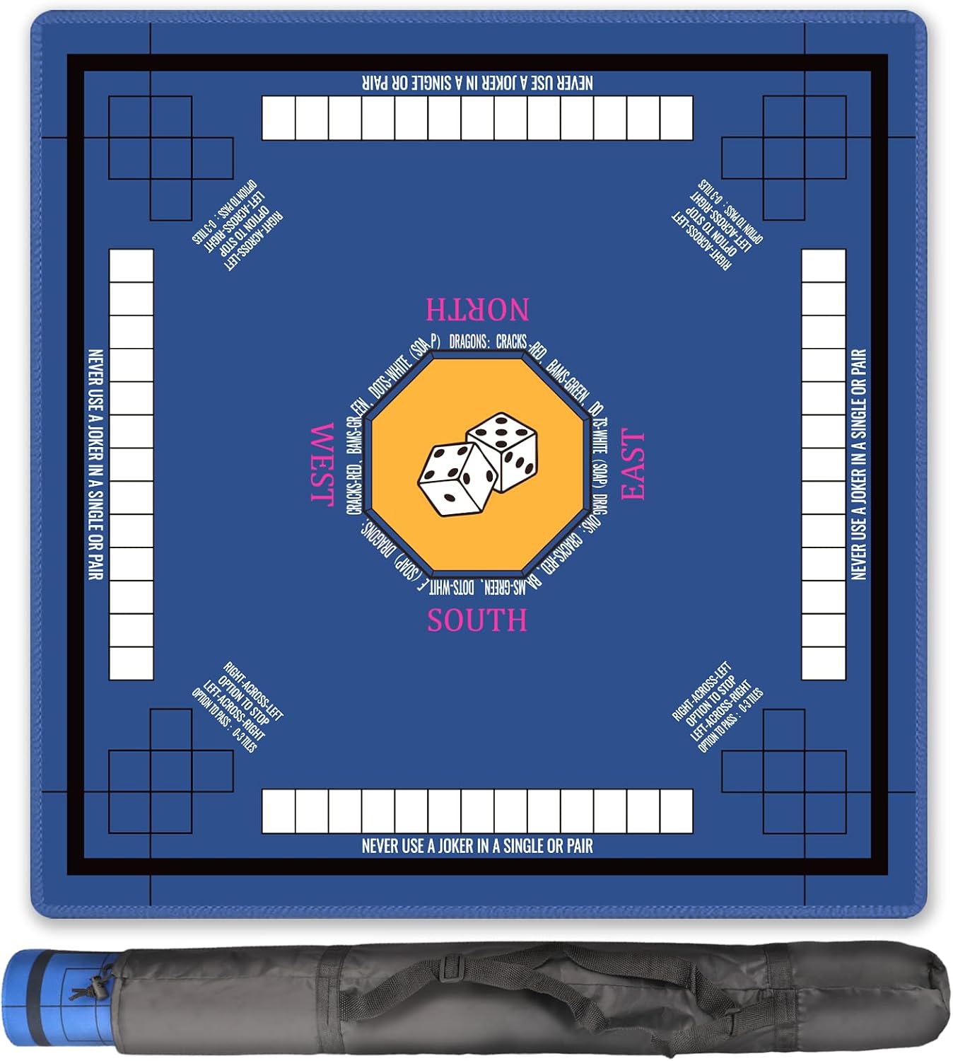 Mahjong Mat for Table 33''x33'', Non-Slip Mahjong Cloth Cover with Game Rules, Mahjong Tablecloth for Poker, Board Games Table Mat, Card Games, Tile Games, Dominoes (Blue)