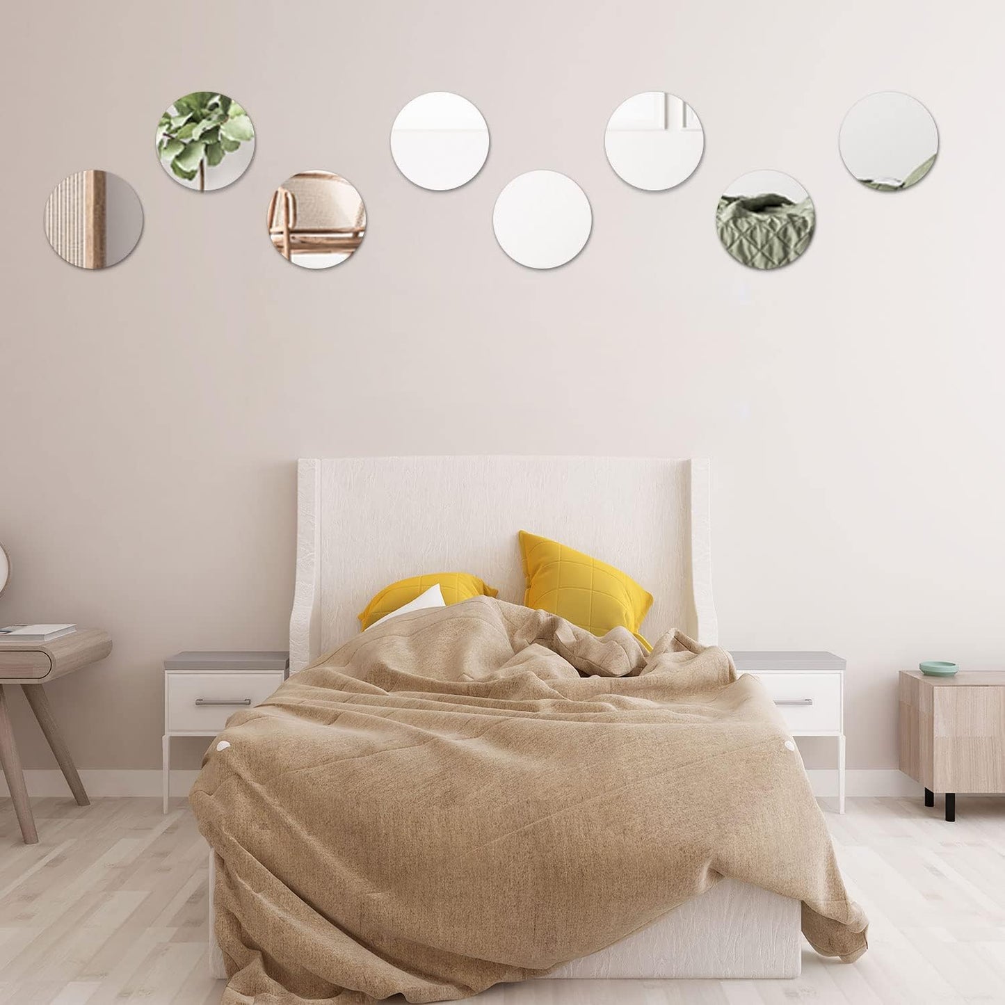 DARENYI 4Pcs Glass Round Mirror Tile, 6 Inch Self Adhesive Sticker, Small Circle Sheet for DIY Crafts, Plates Trays for Wedding Table Centerpieces Walls Decor