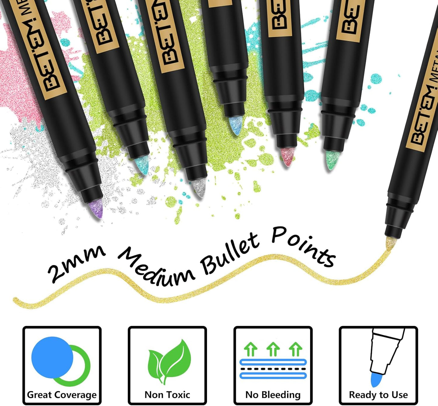 Betem Metallic Paint Markers, 10 Colors Acrylic Paint Markers for Black Paper, 2mm Medium Tips Metallic Glitter Pens Scrapbooking Supplies, Pumpkin Painting Kit for Rock Painting, Cards, Photo Albums