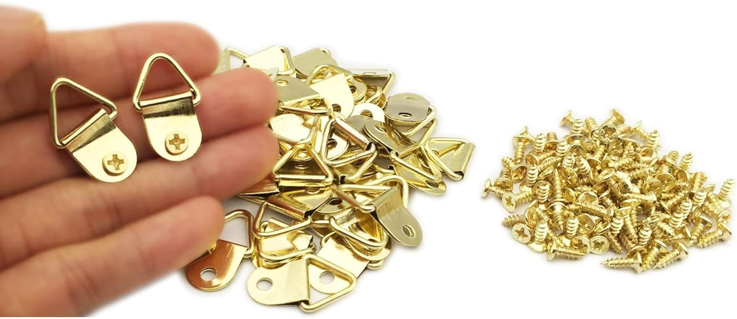 100 Pack Small Triangle Ring Steel Picture Hangers with Screws Picture Frames Picture Hang Solutions for Hanging Clock Paintings Artwork Picture Frame Hook Photos(Gold)