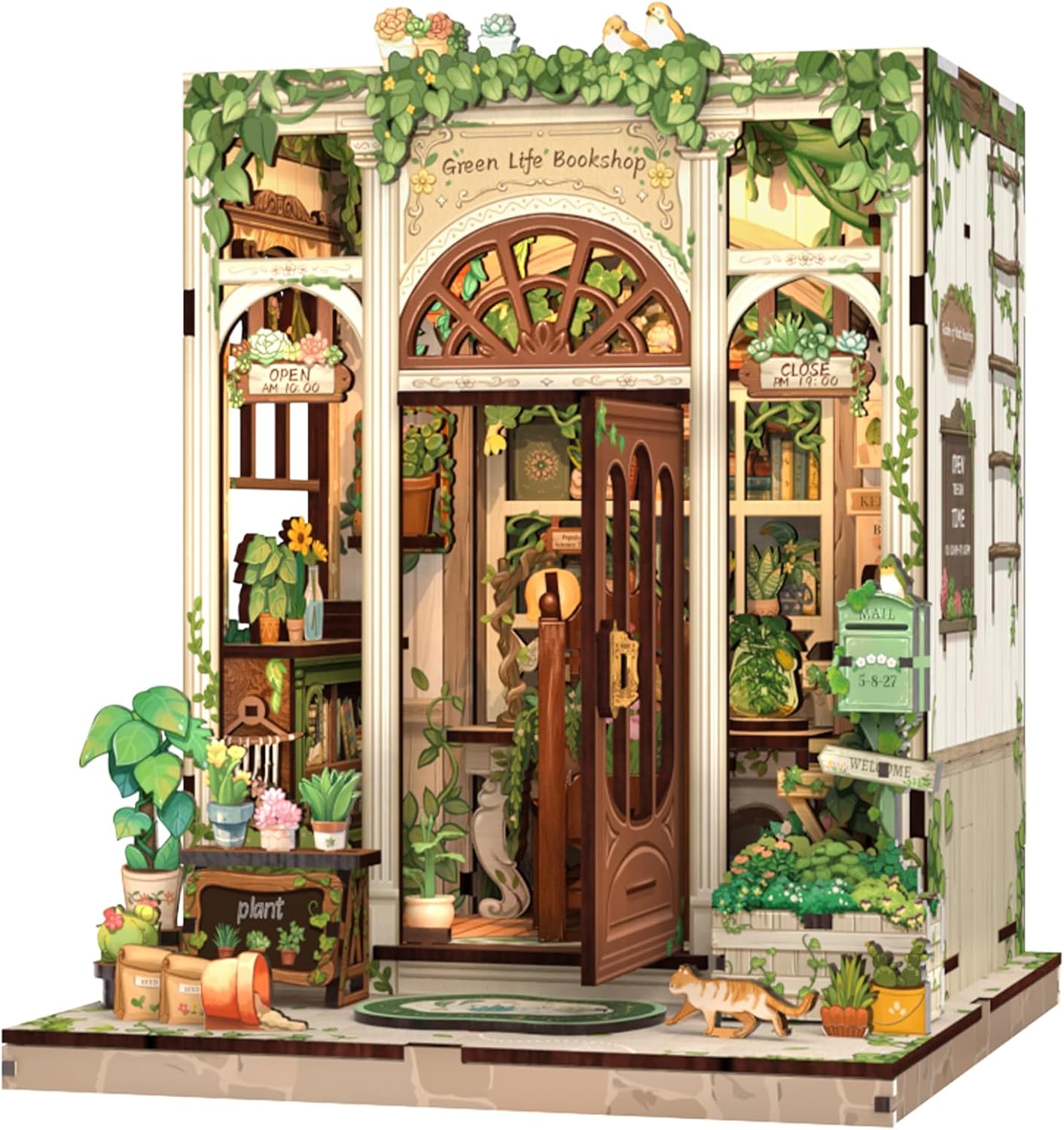 Fsolis Book Nook Kit, 3D Wooden Puzzles for Adults, 196 pcs, DIY Miniature Puzzle Room Kit Tiny House Bookshelf Decor Gifts for Women Teenagers Book Lovers (Green Life's Bookshop)
