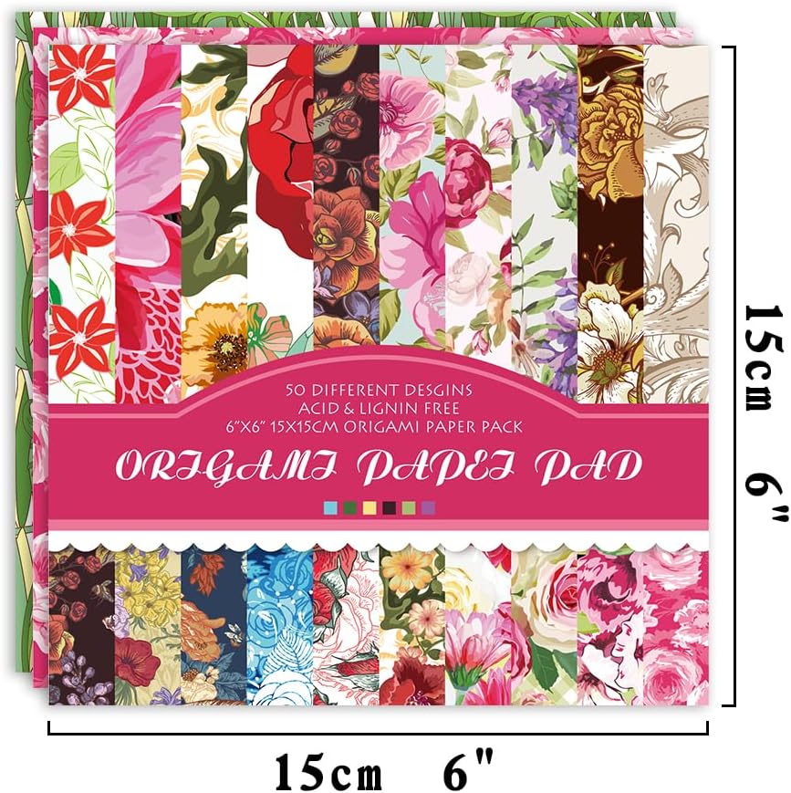 Origami Paper Kit 50 Sheets 70GSM 6 Inch Square Double Sided Color 50 Vivid Japanese Washi Chiyo Colors for Hand Crafts Origami Paper Arts Creativity.Rose
