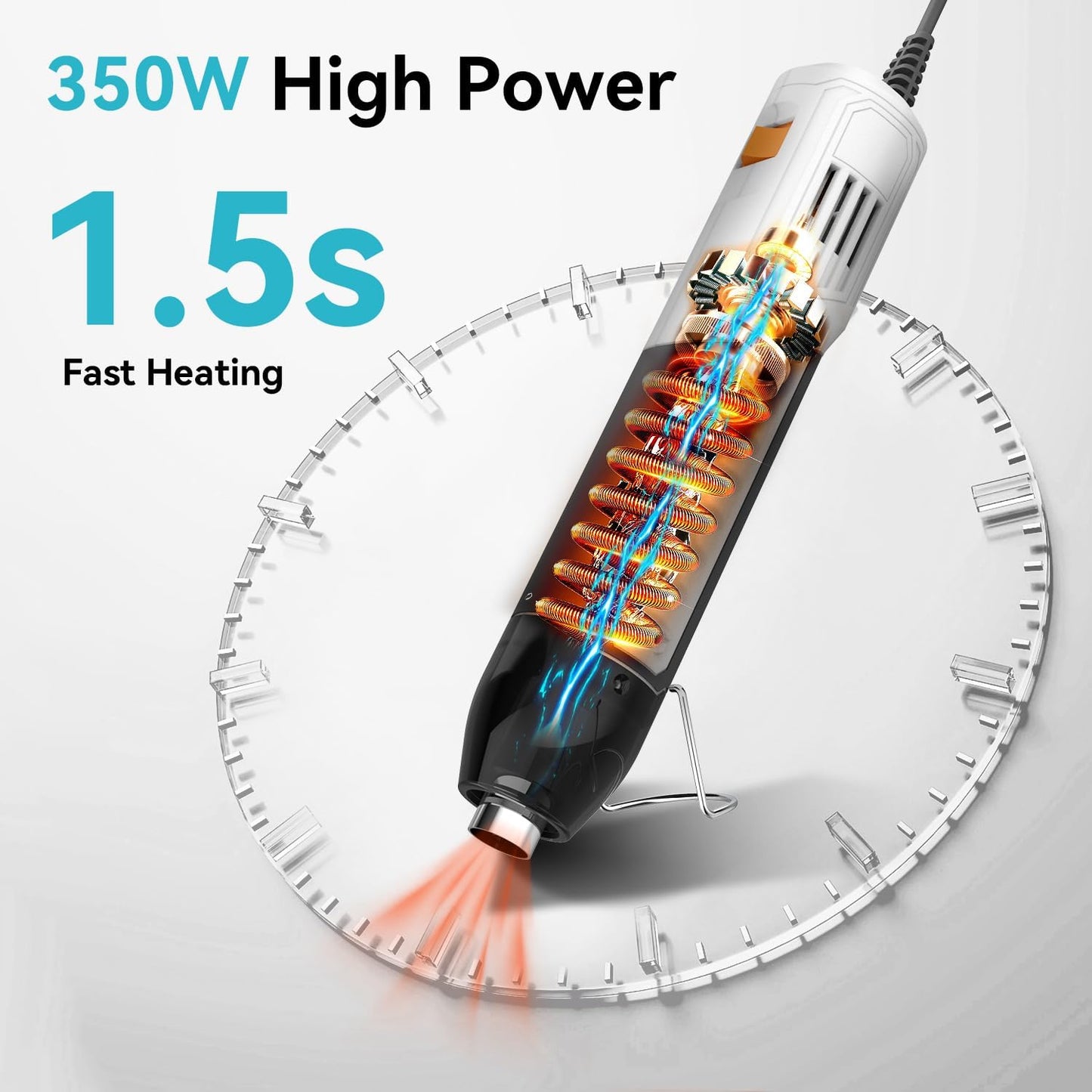 DELI Mini Heat Gun, 350W Dual Temp 500℉/842℉ (260℃/450℃) with Reflector & Extra Nozzles, 6 FT Cable, Overload Protection – for Crafting, Vinyl Wrap, Epoxy, Resin, Shrink Tubing