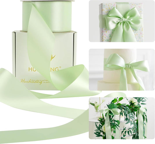 HUIHUANG Seafoam Green Ribbon 2 inch Wide Double Faced Satin Ribbon Pastel Green Ribbon for Gift Wrapping, Bows Making, Flower Bouquet, DIY Crafts, Wedding, Holiday Party Decor -25 Yards/Roll