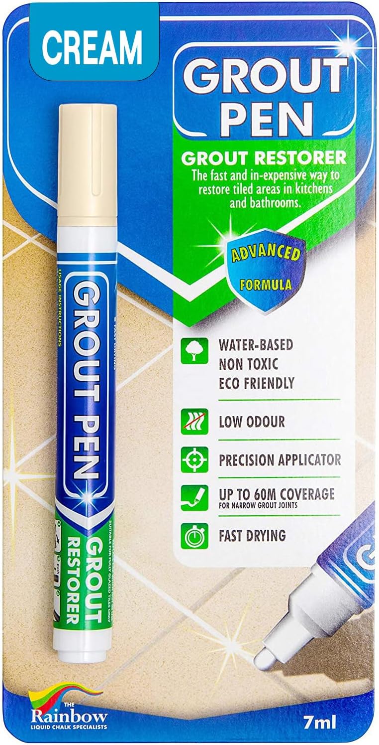 Grout Pen Cream Tile Paint Marker: Waterproof Grout Paint Pen, Tile Grout Colorant and Sealer Pen for Bathroom, Shower, Kitchen, More - Cream, Narrow 5mm Tip (7mL)