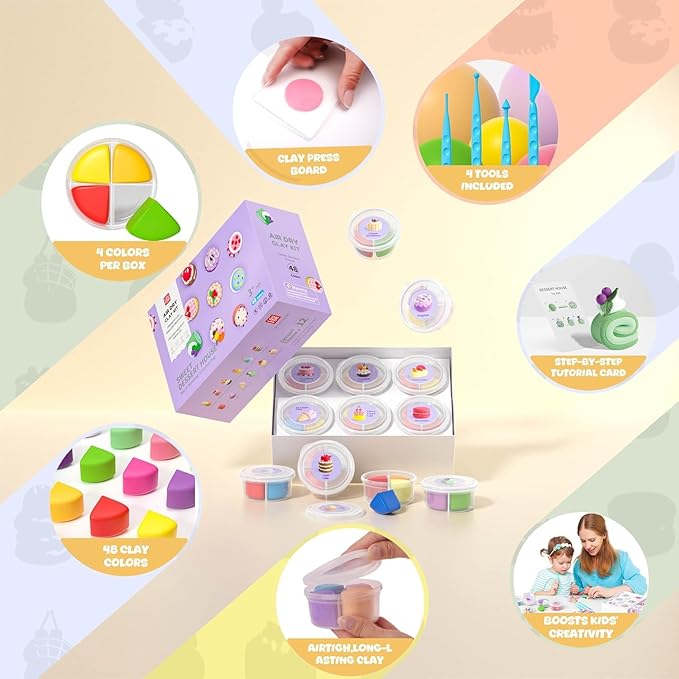 Air Dry Clay for Kids - Modeling Clay Kits, Ultra Light & Soft, Safe & Non-Toxic, 12 Boxes DIY Model Magic Clay 48 Colors with Sculpting Tools und Tutorials, Creative Art Crafts Toys Gifts Boys Girls