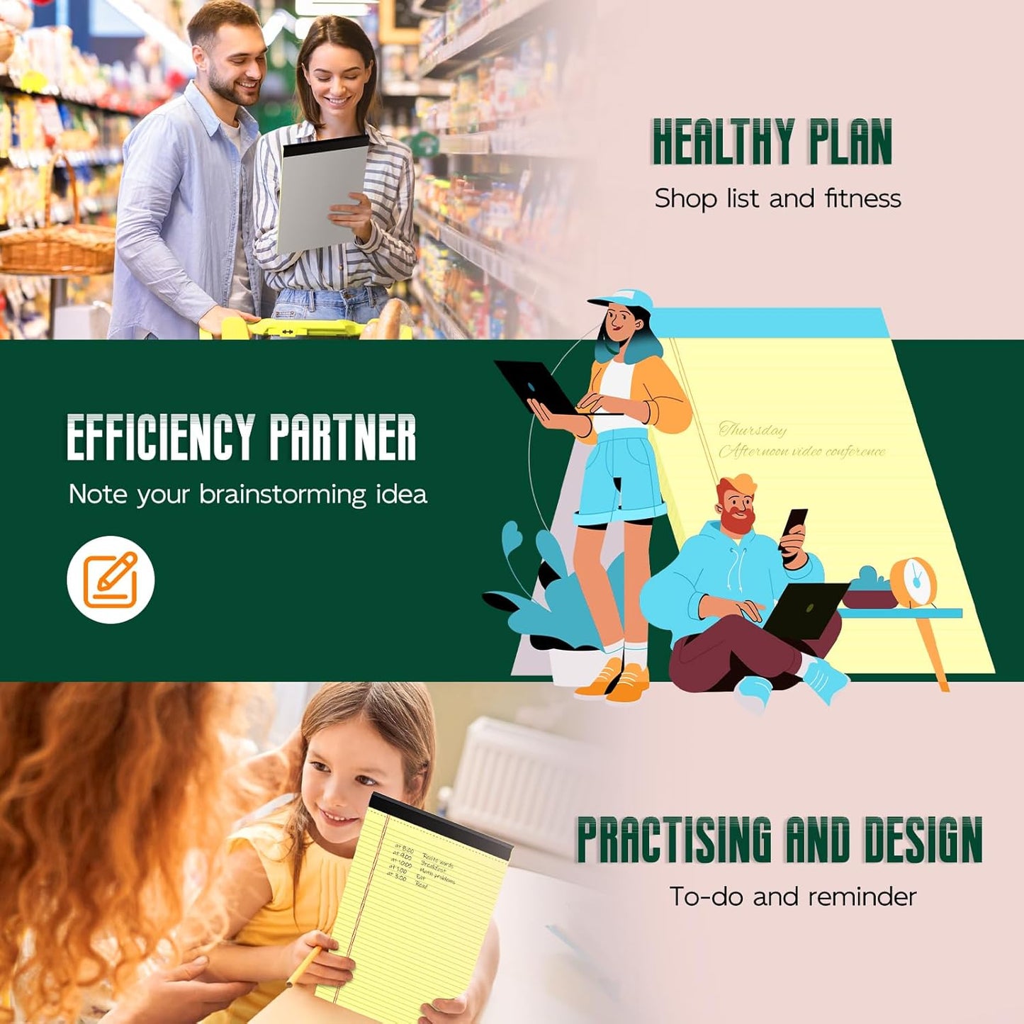 Legal Pads 8.5 x 14 Note Pads, 2 Pack Writing Pads Wide Ruled Notepads, Micro Perforated Yellow Legal Pad 8.5 x 14, Double-Side Printed Lined Paper 30 Sheets Per Note Pads for Home, Office, School