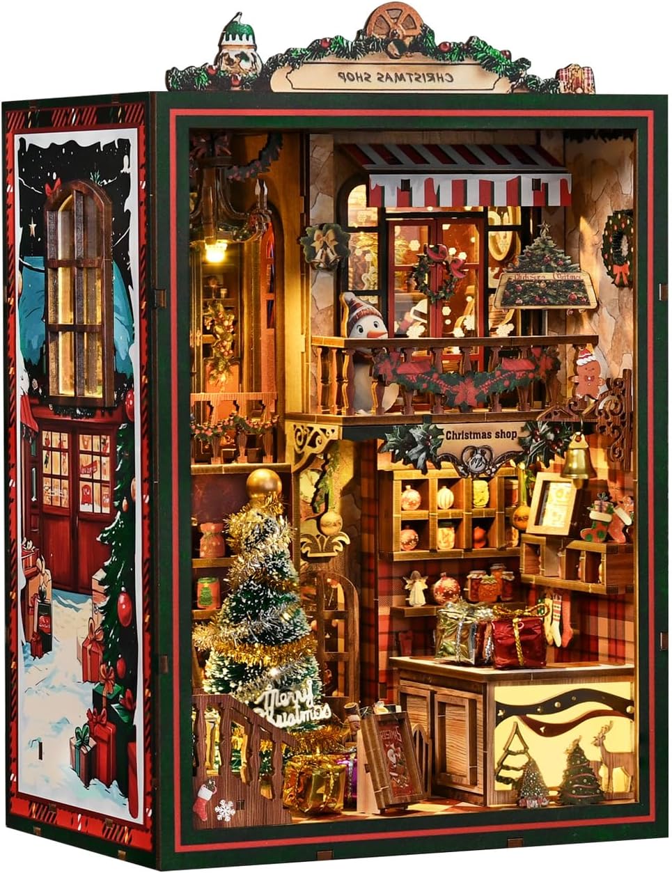 Book Nook Kit - DIY Miniature Dolls House Kit with Furniture and LED Light, 3D Puzzle Wooden Art Bookends, Model Kits for for Adults and Teens (Christmas Shop)