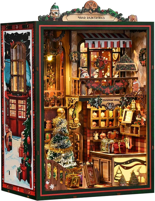 Book Nook Kit - DIY Miniature Dolls House Kit with Furniture and LED Light, 3D Puzzle Wooden Art Bookends, Model Kits for for Adults and Teens (Christmas Shop)