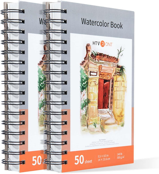 HTVRONT Watercolor Paper - 100 Sheets 5.5"x8.5" Watercolor Pad, 140 lb/300 GSM Watercolor Paper Pad, Spiral Bound for Full Spread & Sturdy Use, Ideal for Wet & Dry Media