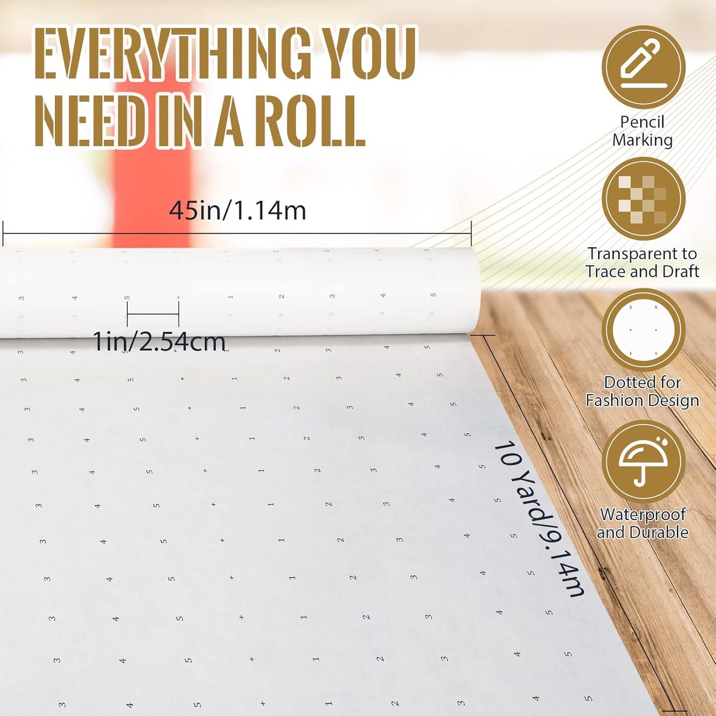 Dotted Pattern Paper for Sewing, 45 Inch x 10 Yards Tracing Paper for Pattern Drafting, Spaced Every Inch Alphanumeric Marking Paper for Dressmaking