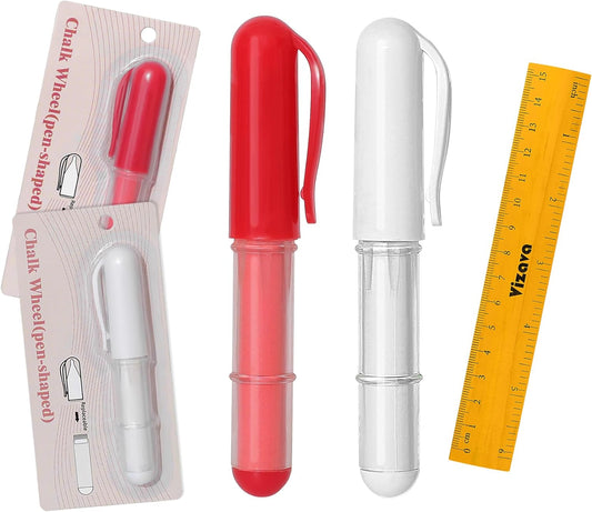 Fabric Chalk Markers for Sewing,Quilting,Crafting|Erasable Tailor Chalk|Work on Various Fabrics|Dosing Wheel Drawing Precise Line(2pk Red,White professional tailors chalks pencil&1Ruler)