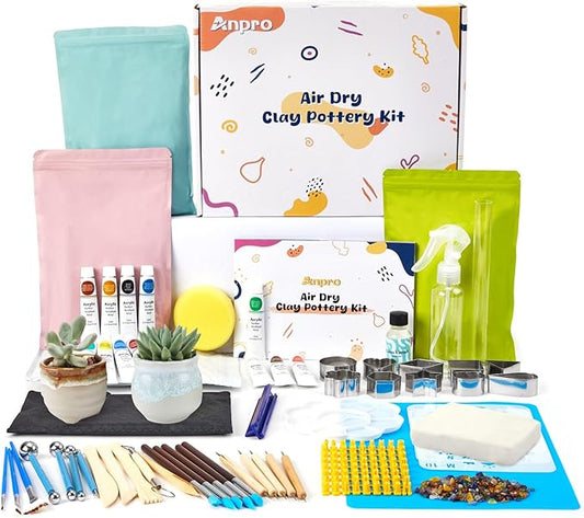 Air Dry Clay for Adults, Air-Dry Clay Starter Kit for Beginners Clay Kit, Includes Air-Dry Clay, 19 Clay Tools Kit, 12 Paints, 26 Letter DIY Clay Cutters, Varnish, Guide, Colored Rocks
