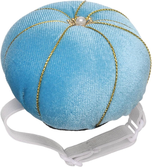 HARFINGTON Wrist Pin Cushion Wristband Sewing Pincushion Polyester Pin Holder Wearable Pumpkin Shaped Needles Wristband for Sewing Quilting Needlework DIY Crafts, Light Blue