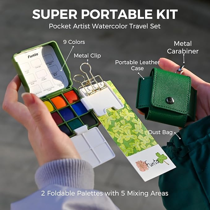 Funto Mini Watercolor Travel Set, Travel Artist Outdoor Sketch Kits with 2 Foldable Palettes, Portable Leather Case and Metal Clip, Kit for Art Lovers