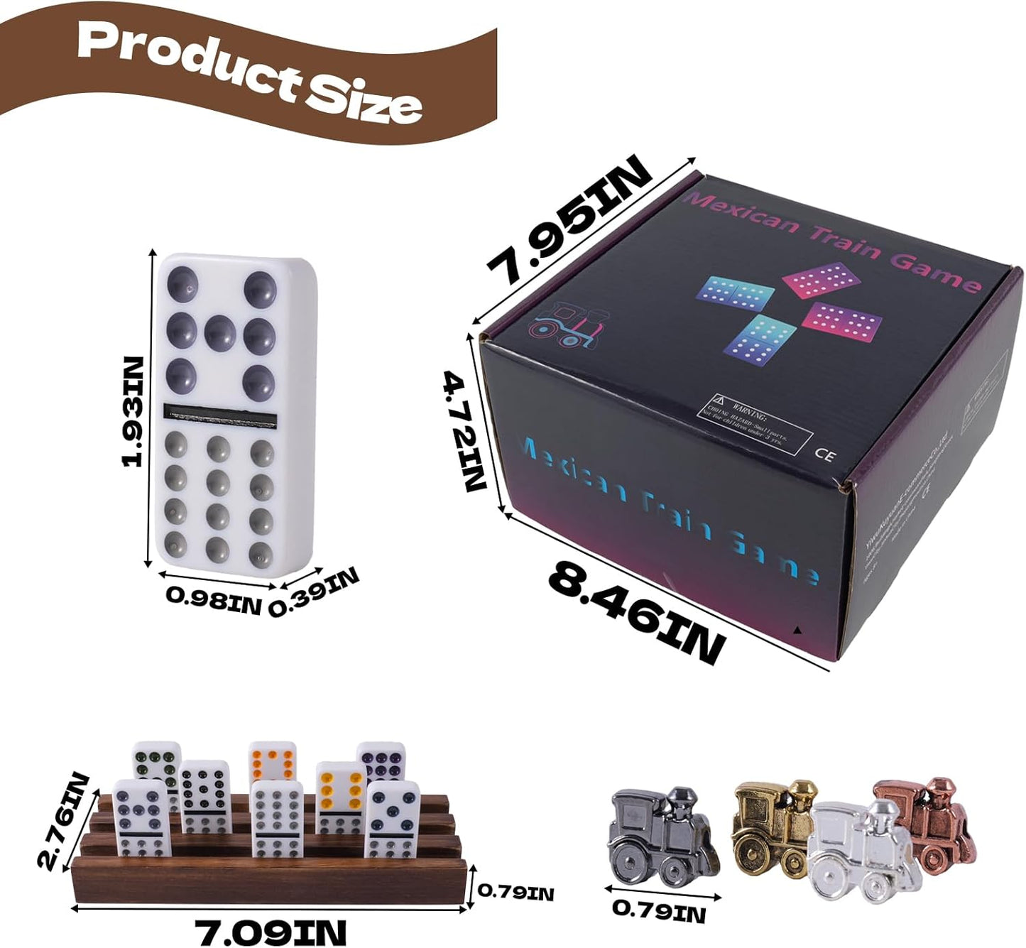 Mexican Train Dominoes Set with Wooden Hub, 91 Domino Tile Board Games Includes Metal Train Markers Color Dot Double Twelve Set with 4 Woodentile Rack for Family Game Night(Burnt Color)