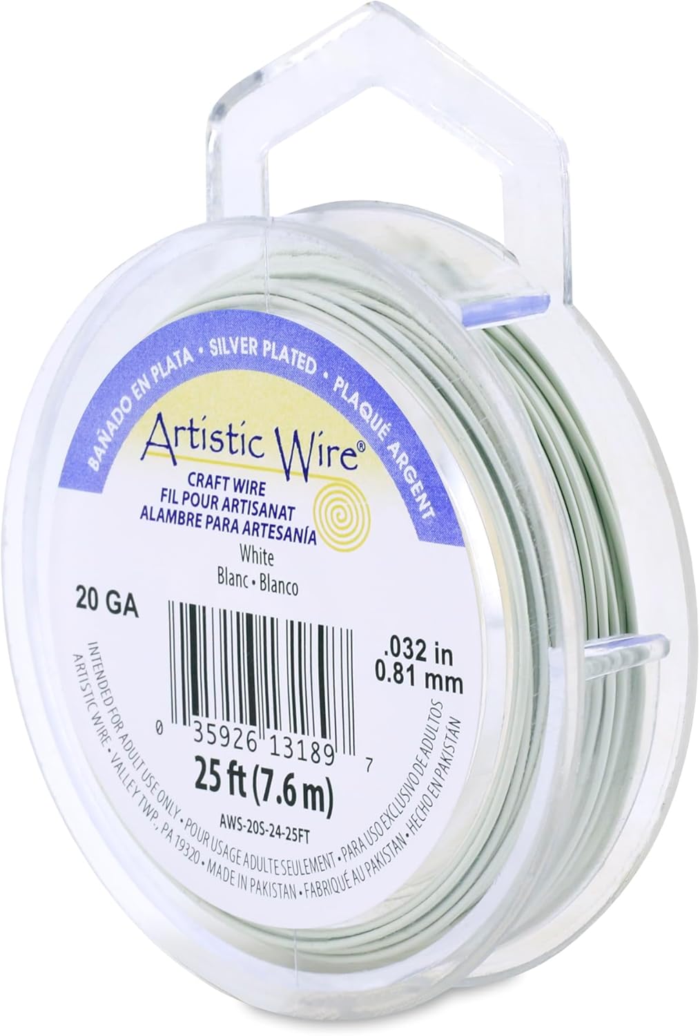Artistic Wire, 20 Gauge Silver Plated Tarnish Resistant Colored Copper Craft Wire, White, 25 ft