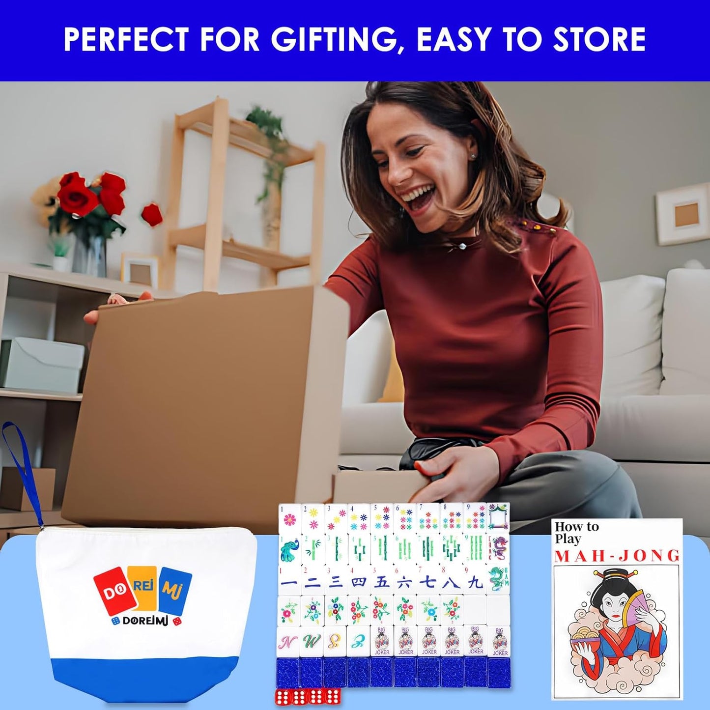 Original Design American Mahjong Tile Set with 160 Acrylic Blue Back Tiles, Upgraded American Style Mahjong Game with Portable Bag and 4 Dices, Classic Board Games for Family Night