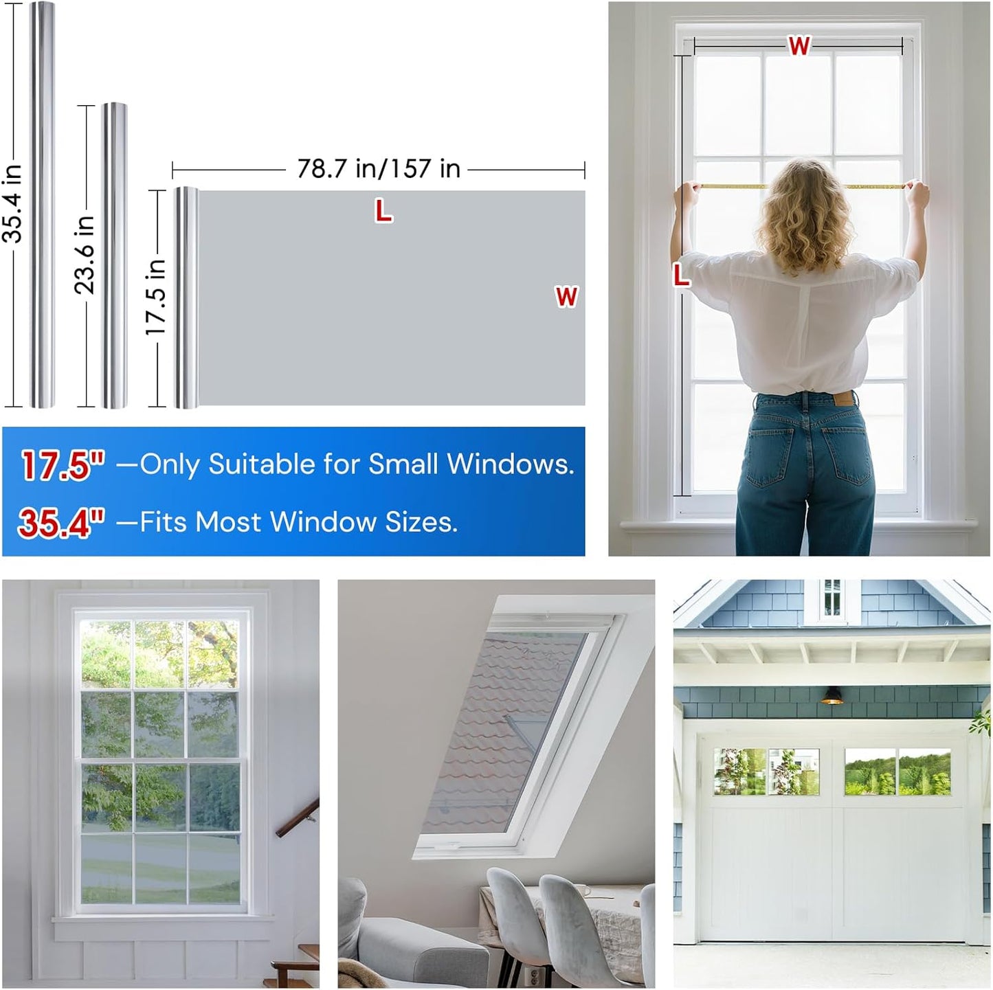 Homein One Way Privacy Window Film with Tool Window Tint for Home Film See Out Not in Heat Control Sun Blocking Mirror Reflective Anti UV Covering Static Cling No Glue Sliver 17.5 x 78.7 inch