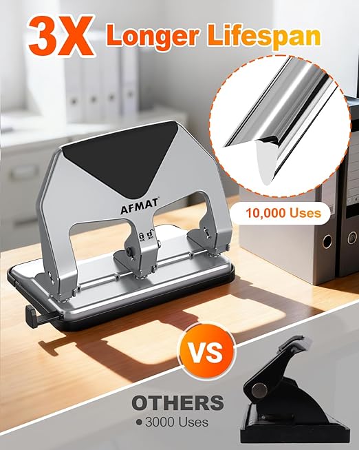 AFMAT 3 Hole Punch Heavy Duty, 50-Sheet Three Hole Punch, 50% Reduced Effort, 10,000+ Uses, 9/32" Holes, S.S. Paper Guide, 3 Hole Puncher for Binder, Metal Hole Puncher for Home Office School HP20