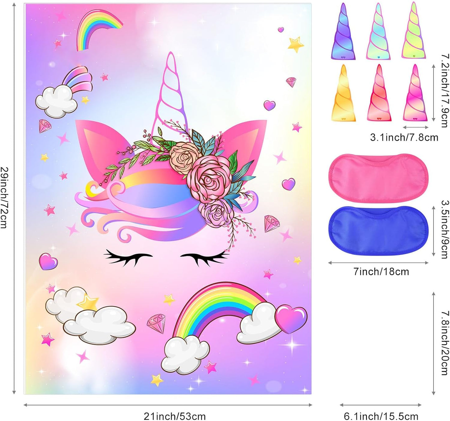 ASTARON Pin The Horn on The Unicorn Game for Kids Birthday Party, Unicorn Party Game with 30 pcs Horn Stickers Birthday Party Supplies for Wall Home Room Decorations