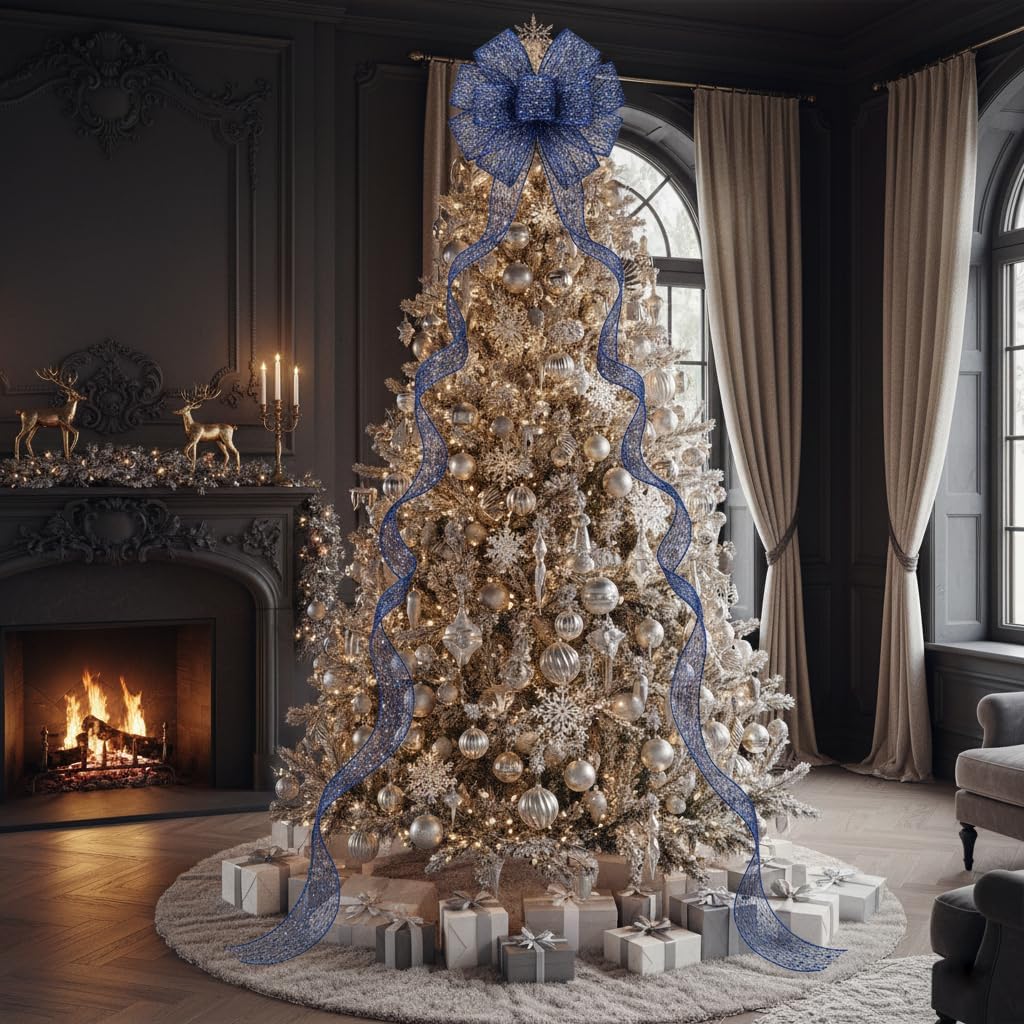 CT CRAFT LLC Sparkling Glitter Mesh Wired Ribbon 2.5" x 10 Yards Blue Navy for Christmas Home Decor Bow Gift Wrapping DIY Crafts Wreath