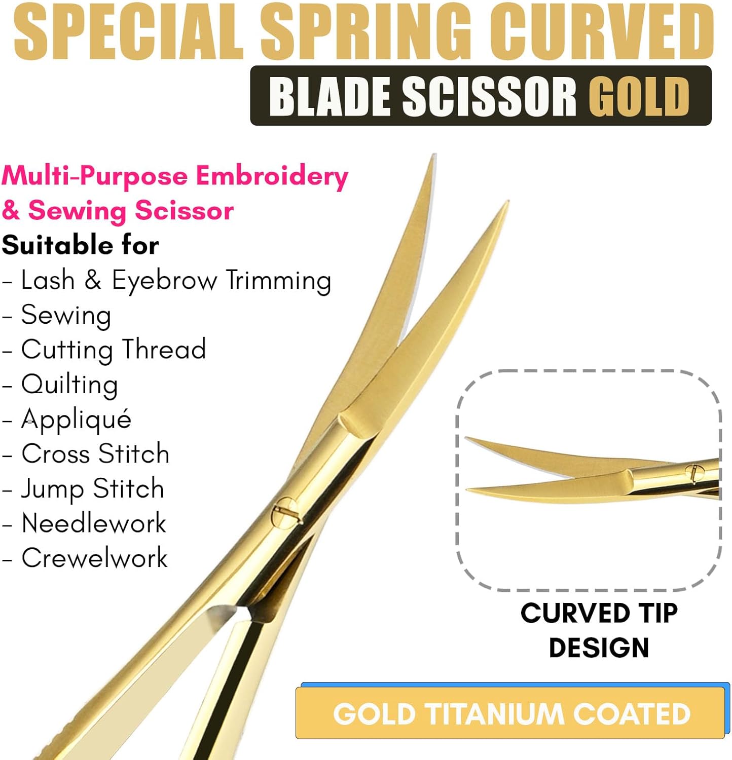Cross Edge Curved Spring Scissors 5 Inch Stainless Steel Precision Eyebrow & Eyelash Shaping & Trimming Scissor, Snips Squeeze, Embroidery, Knitting Micro Tip Craft Scissors (Gold)