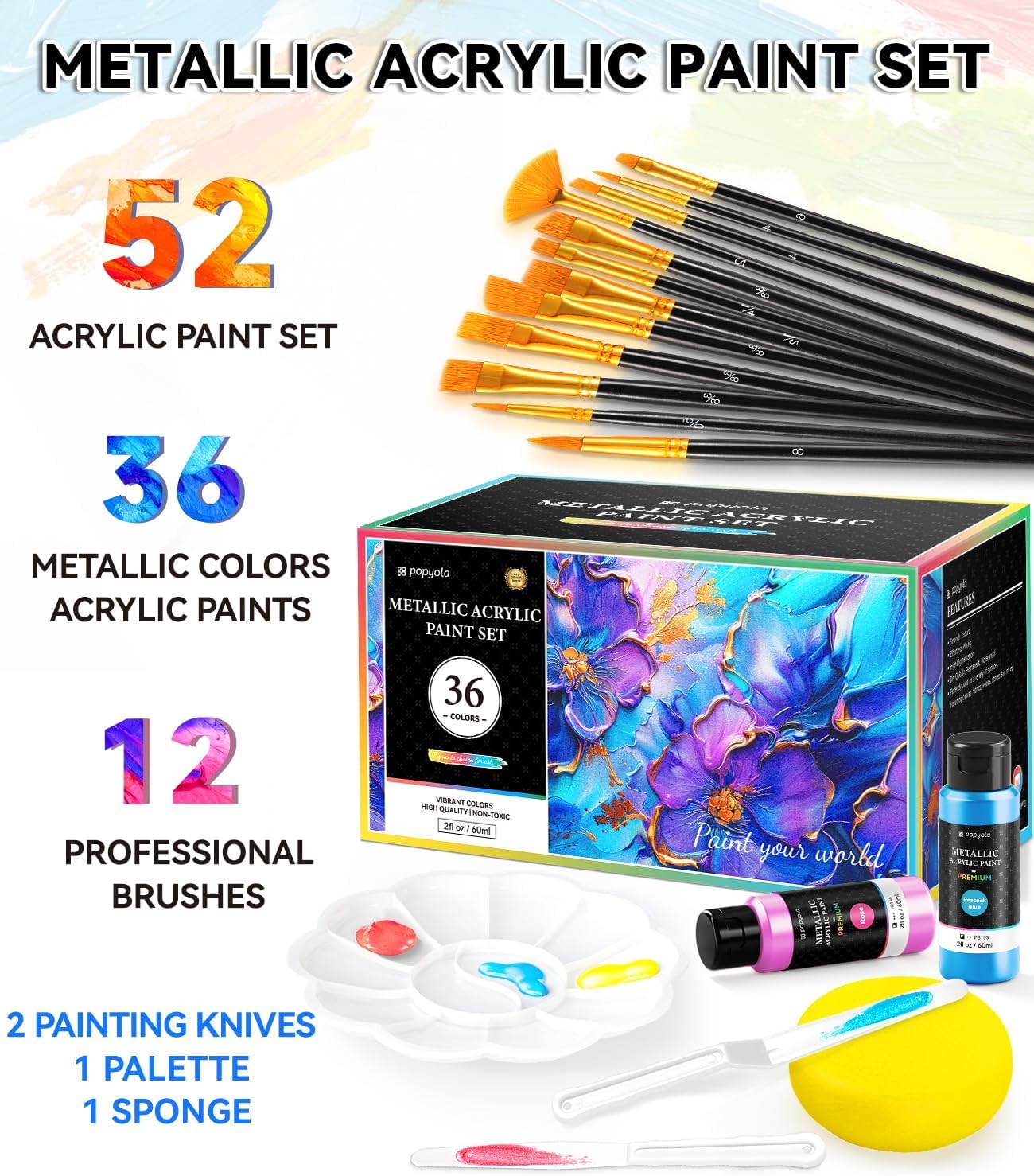 52 PCS Metallic Acrylic Paint Set with 12 Brushes, 2 Knives & Palette, 36 Colors (2oz/60ml) Art Craft Paint for Adults Kids Artists Beginners, Halloween Pumpkin Canvas Ceramic Rock Painting Kit