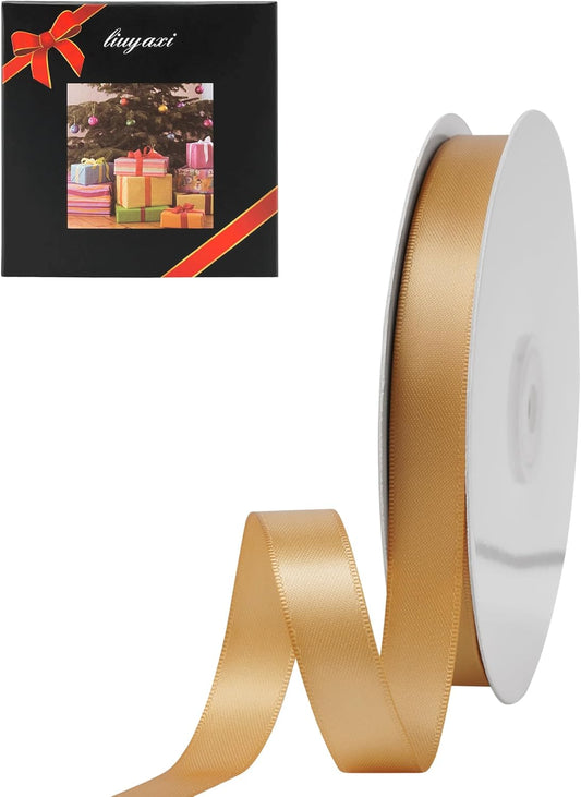 LIUYAXI Old Gold Satin Ribbon, Double Faced 5/8" X Continuous 25 Yards Ribbons Perfect for Gift Wrapping Bows Bouquet Wedding Craft and More